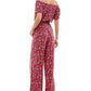 Kingston Grey Junior's Floral Print Off The Shoulder Jumpsuit Red Size Medium