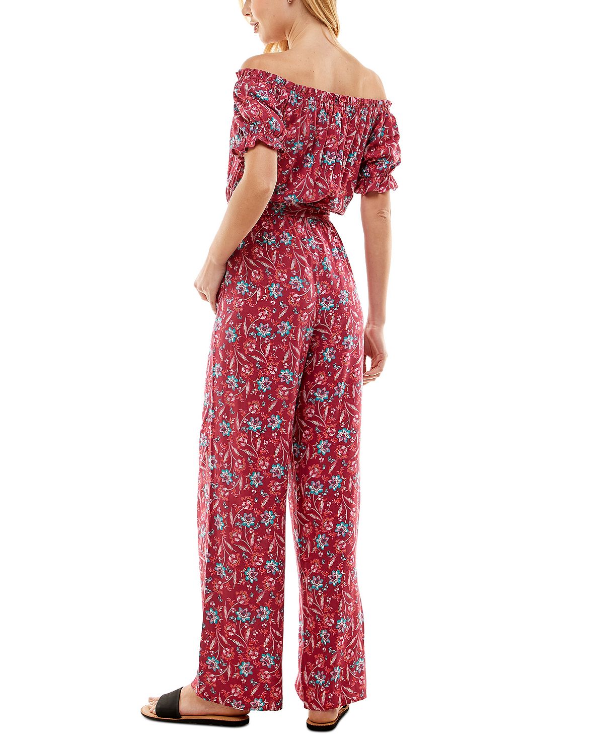Kingston Grey Junior's Floral Print Off The Shoulder Jumpsuit Red Size Medium