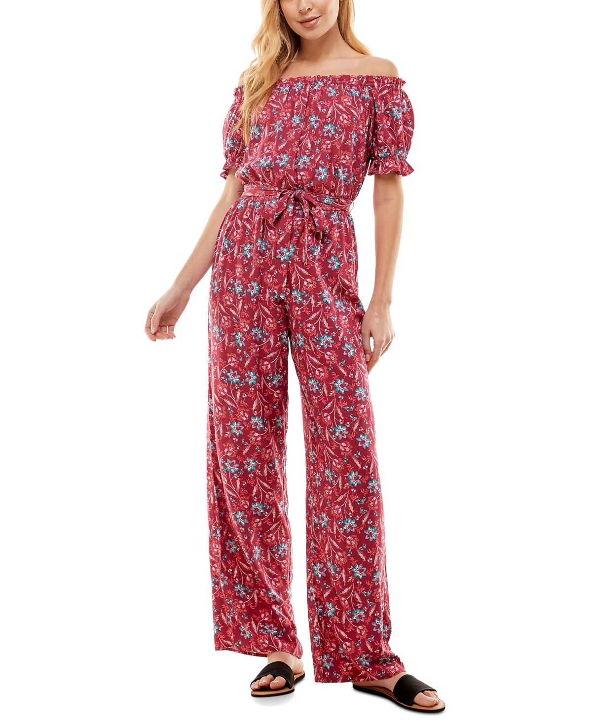 Kingston Grey Junior's Floral Print Off The Shoulder Jumpsuit Red Size Medium