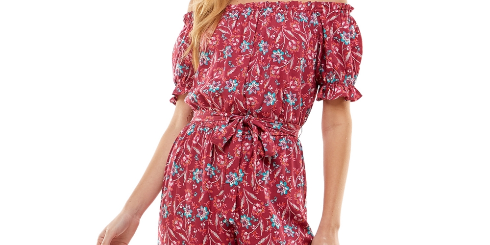 Kingston Grey Junior's Floral Print Off The Shoulder Jumpsuit Red Size Medium
