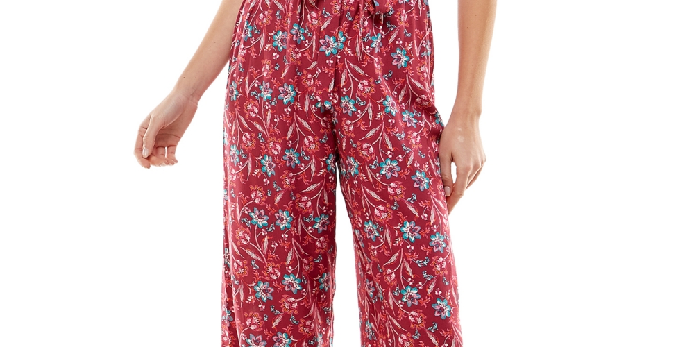 Kingston Grey Junior's Floral Print Off The Shoulder Jumpsuit Red Size Medium