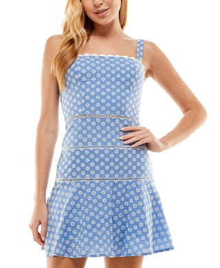 City Studios Junior's Floral Embroidered Fit & Flare Dress Blue Size 1