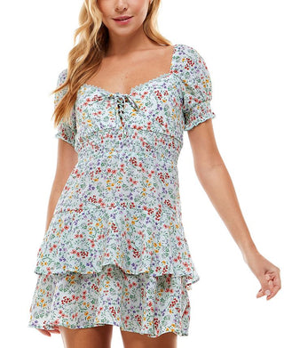 City Studios Junior's Lace Up Smocked TrimDress Blue Size Large