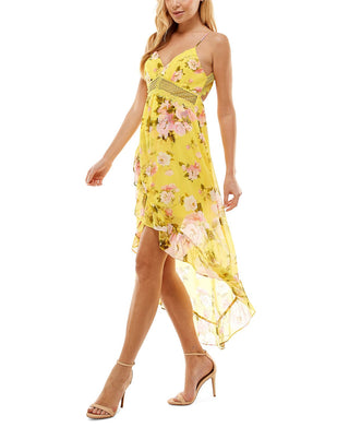 City Studios Women's Floral Printed Hi Low Midi Dress Yellow Size Large