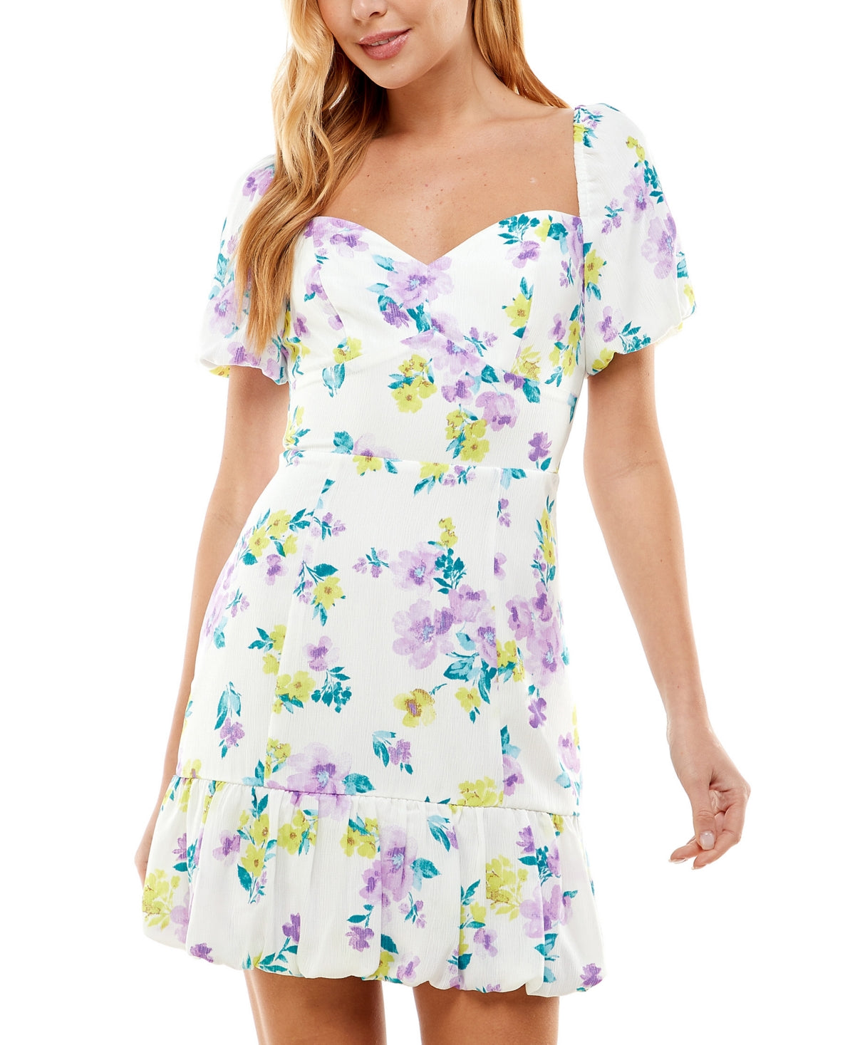 City Studios Junior's Floral Print Puff Sleeve Dress Purple Size 11