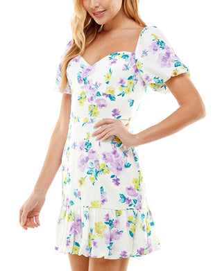 City Studios Junior's Floral Print Puff Sleeve Dress Purple Size 13