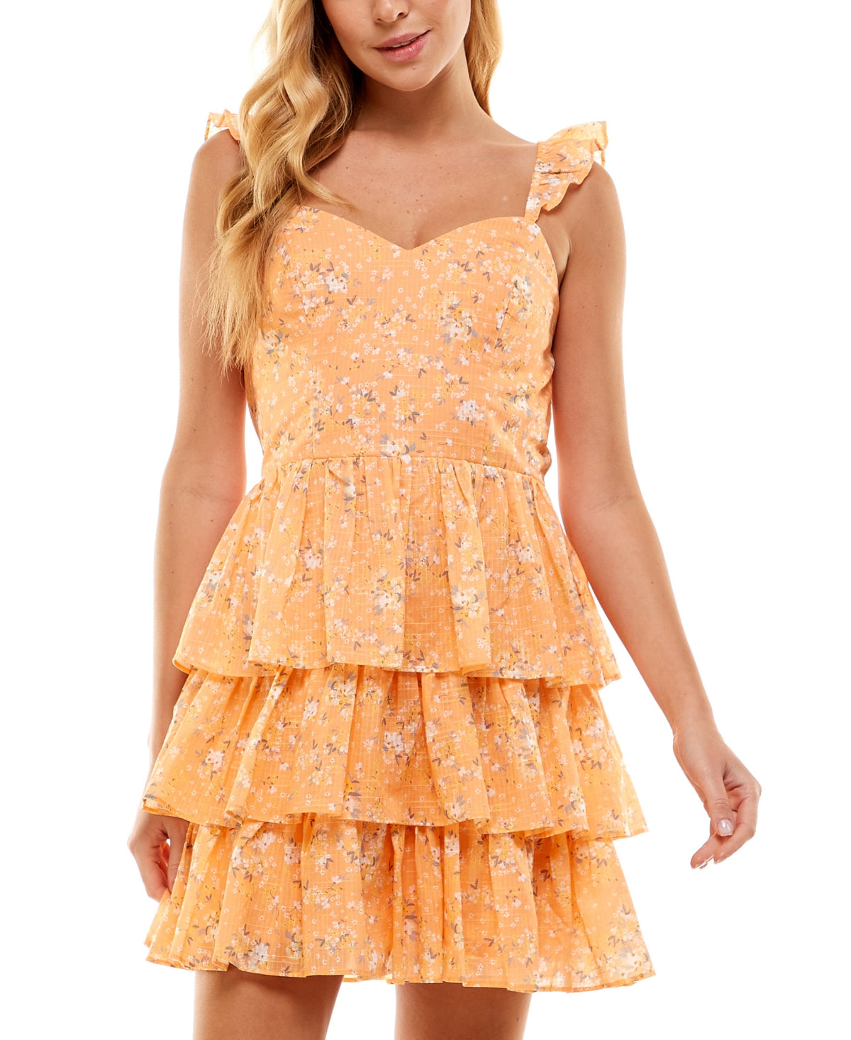 City Studios Junior's Tiered Ruffle Strap Dress Orange Size Large