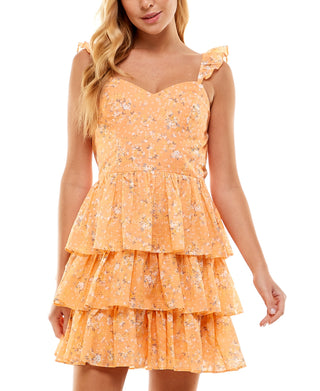 City Studios Junior's Tiered Ruffle Strap Dress Orange Size Large