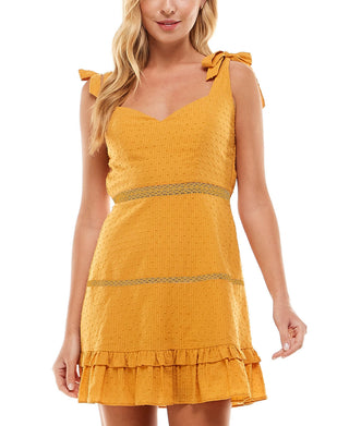 City Studios Junior's Clip Dot Bow Shoulder Dress Yellow Size Medium