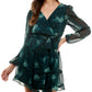 City Studios Junior's Surplice Neck Metallic Fit & Flare Dress Green Size Small