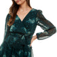 City Studios Junior's Surplice Neck Metallic Fit & Flare Dress Green Size Medium