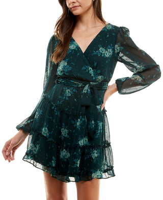 City Studios Junior's Surplice Neck Metallic Fit & Flare Dress Green Size Medium