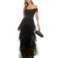 City Studios Junior's Off The Shoulder Tiered Mesh Gown Black Size 9