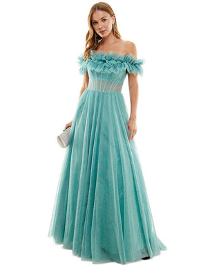 Say Yes To The Prom Junior's Off The Shoulder Ruffled Glitter Gown Green Size 13