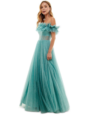 Say Yes To The Prom Junior's Off The Shoulder Ruffled Glitter Gown Green Size 13