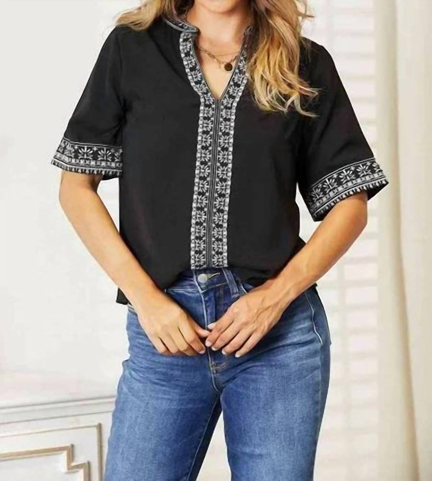 Double Take - Embroidered Notched Neck Top
