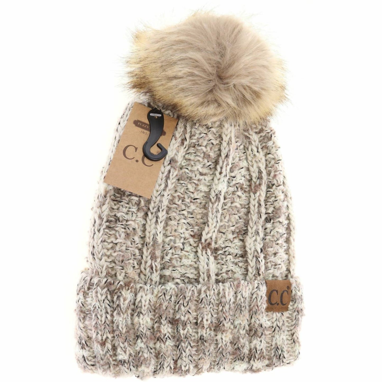 C.C Beanie - WOMEN'S FUZZY LINED POPCORN CONFETTI FUR POM BEANIE