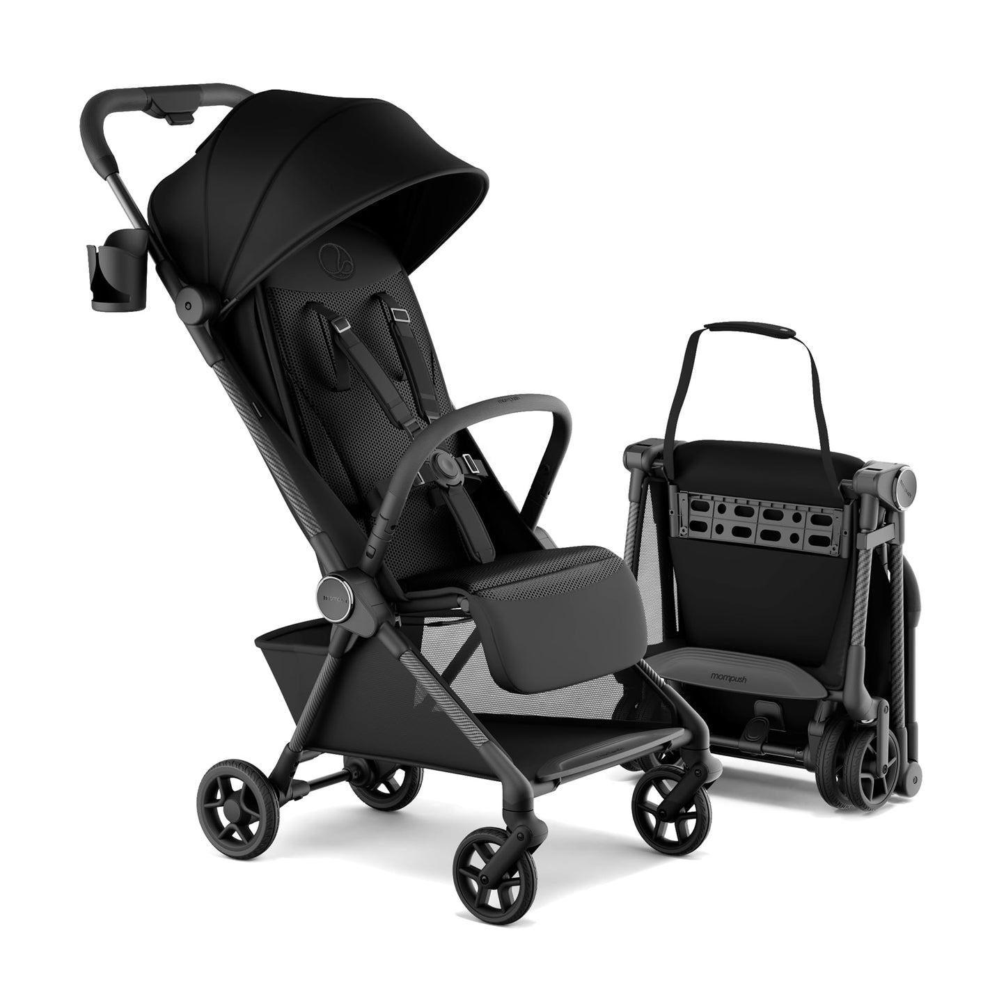 Mompush Nexis Carbon Travel Stroller UltraLightweight 115 lbs Compact  Airplane CarryOn Approved OneSecond AutoFold OneHand Full Recline from Birth to 50 lbs JPMA Certified