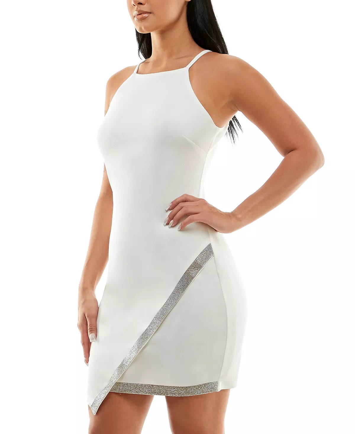 BCX Junior's Asymmetrical-Hem Rhinestone Dress White Size X-Large