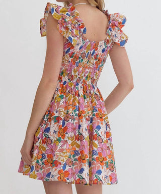 Entro - Blooming Beauty Mini Dress with Ruffle Detail And Smocked Bodice