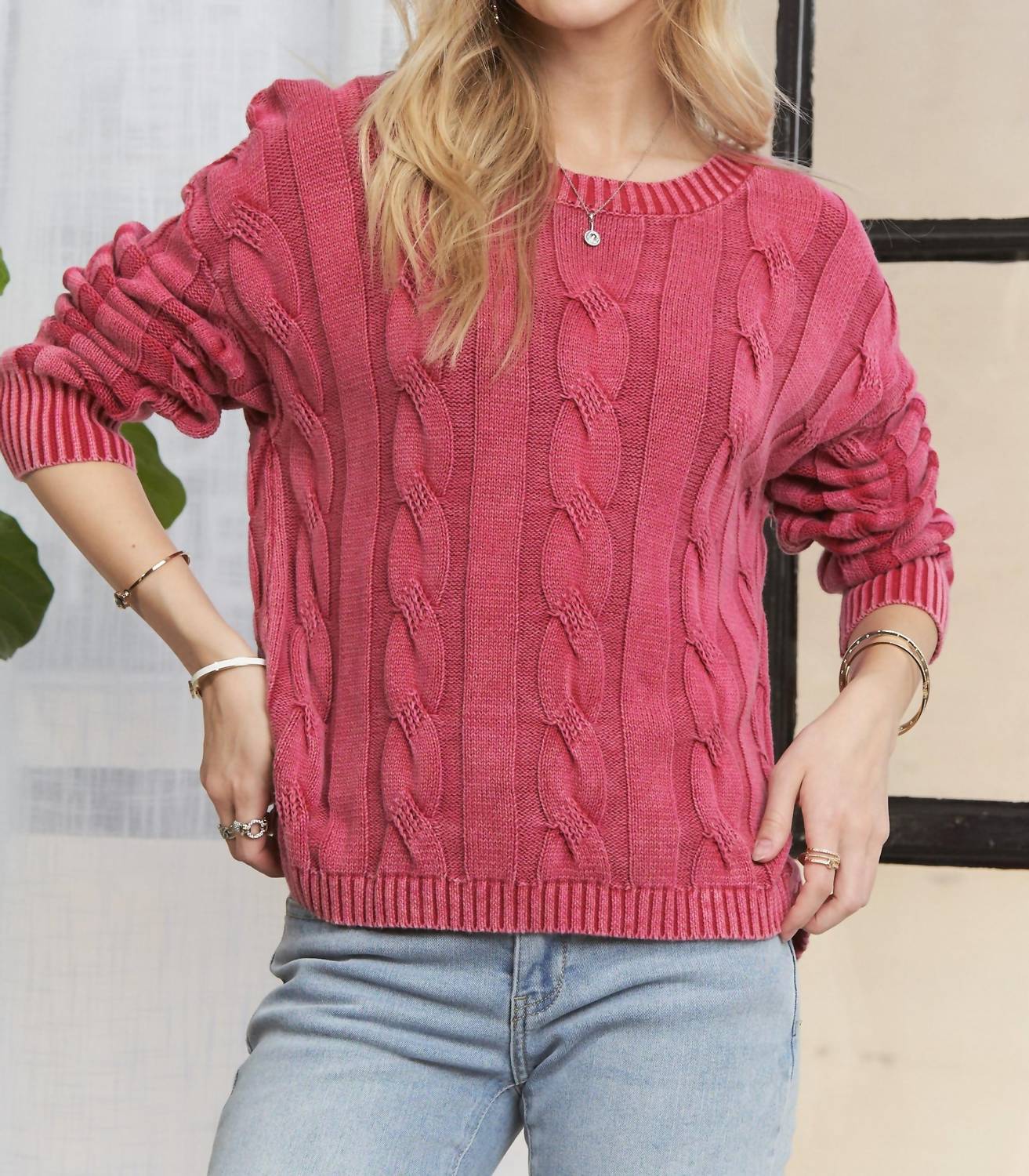 Adora - Mineral Wash Cable Knit Sweater Top