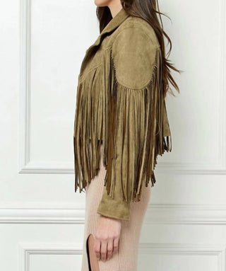 Trendsi - Veveret Suede Fringe Long Sleeve Moto Jacket