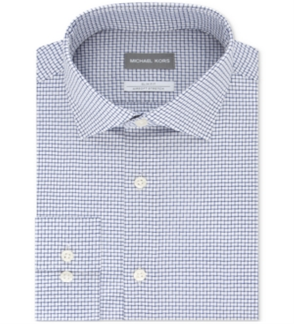 Michael Kors Men's Slim-Fit Non-Iron Airsoft Performance Stretch Check Dress Shirt Blue Size 15.5X32-33