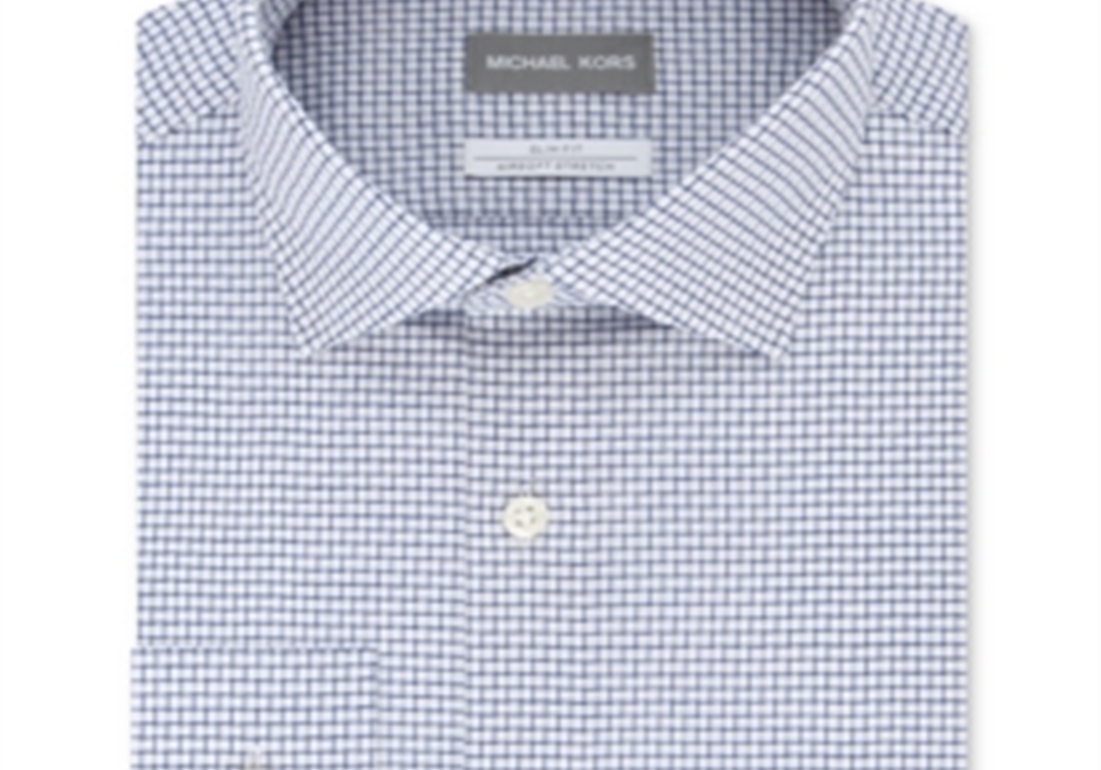 Michael Kors Men's Slim-Fit Non-Iron Airsoft Performance Stretch Check Dress Shirt Blue Size 15.5X32-33