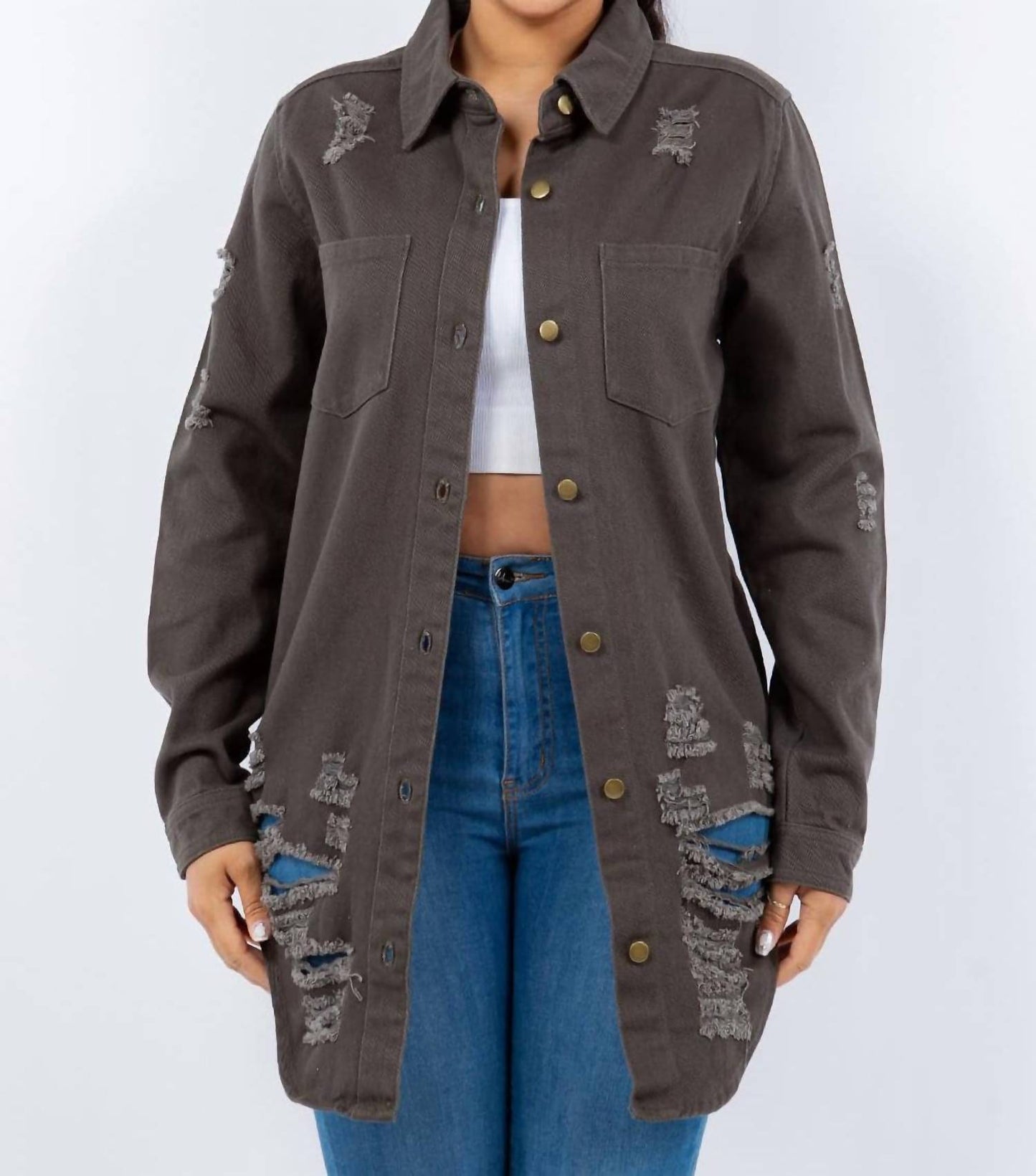 American Bazi - Distressed Button Up Long Sleeve Denim Jacket
