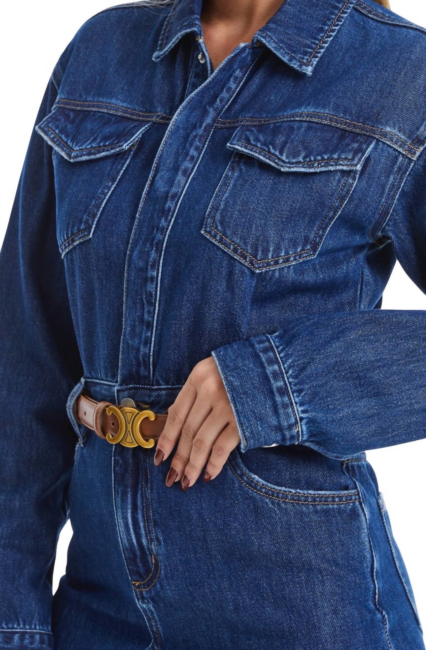 Bayeas - Resa Long Sleeve Fray Hem Denim Mini Shirtdress