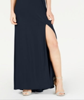 Morgan & Company Women's Slitted Sleeveless Illusion Neckline Full Length Formal Sheath Dress Blue Size 7-8