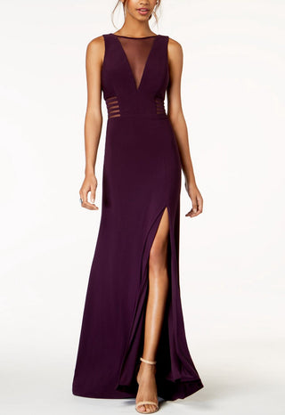 Morgan & Company Women's Sheer Slitted Sleeveless V Neck Full Length Formal Pencil Dress Purple Size 9-10