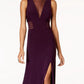 Morgan & Company Women's Sheer Slitted Sleeveless V Neck Full Length Formal Pencil Dress Purple Size 9-10