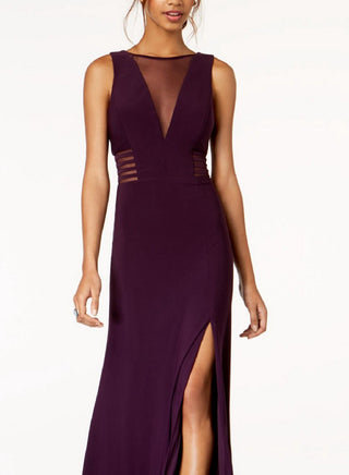 Morgan & Company Women's Sheer Slitted Sleeveless V Neck Full Length Formal Pencil Dress Purple Size 9-10