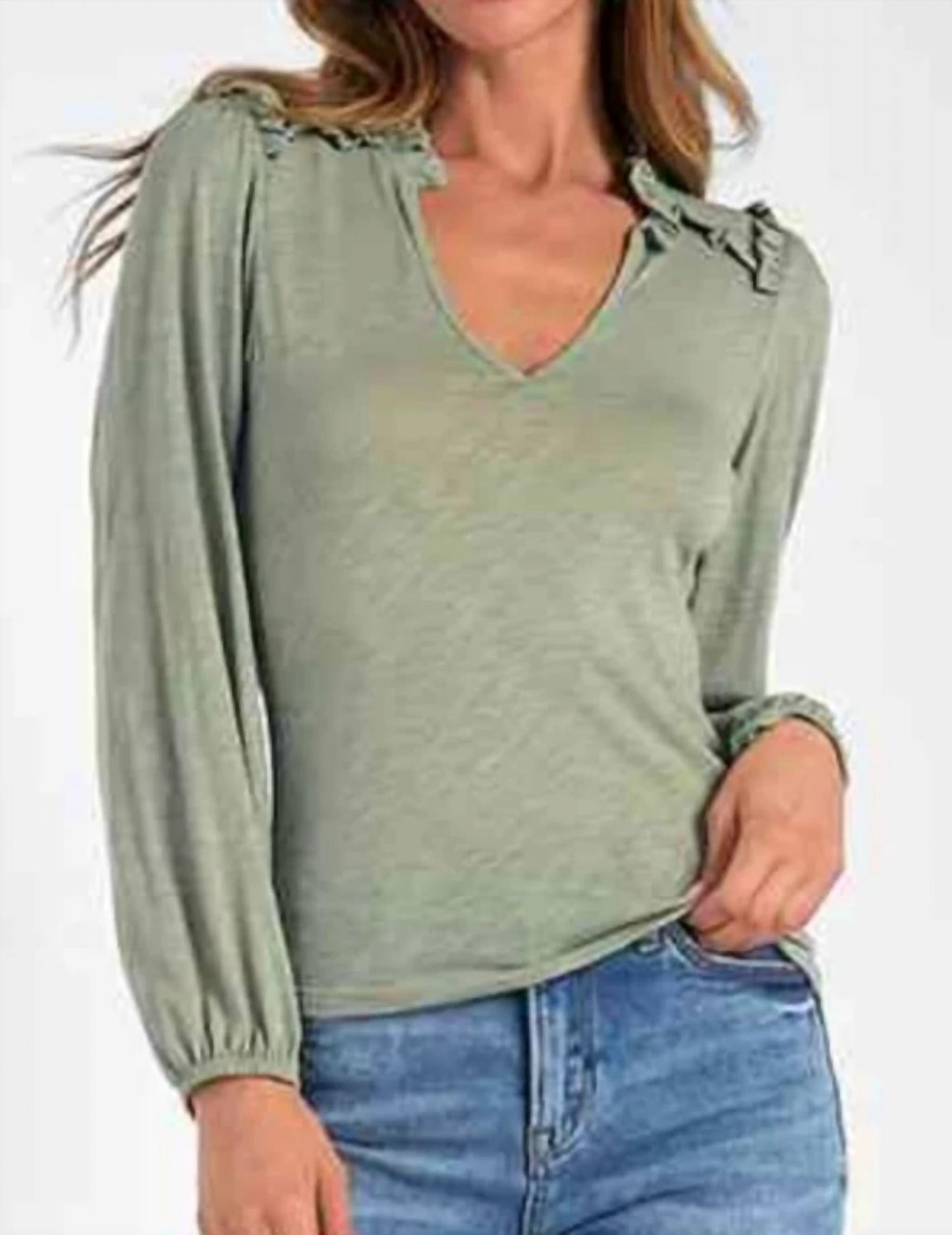 Elan - Long Sleeve V-neck Top With Ruffle Detail