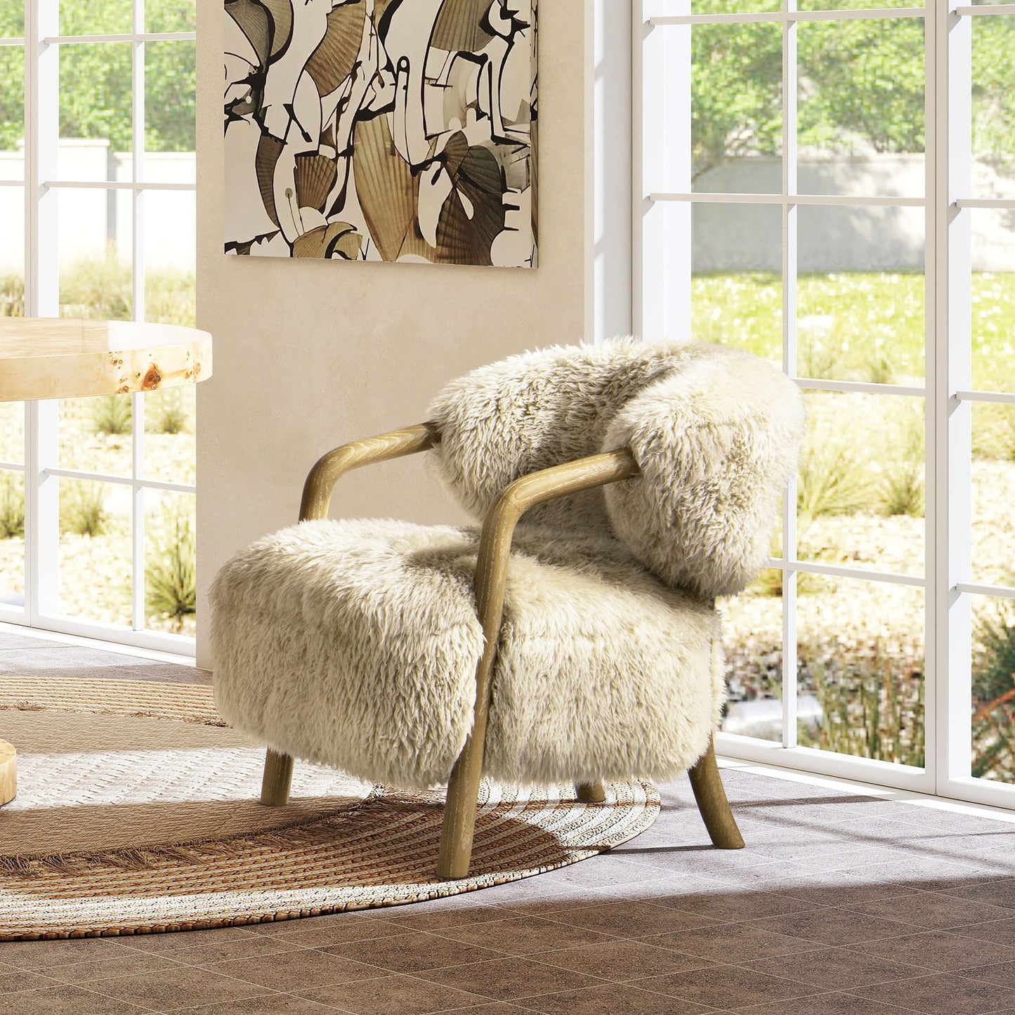 Becker Rustic Oak Sheepskin Upholstered Accent Arm Chair - Taupe Beige