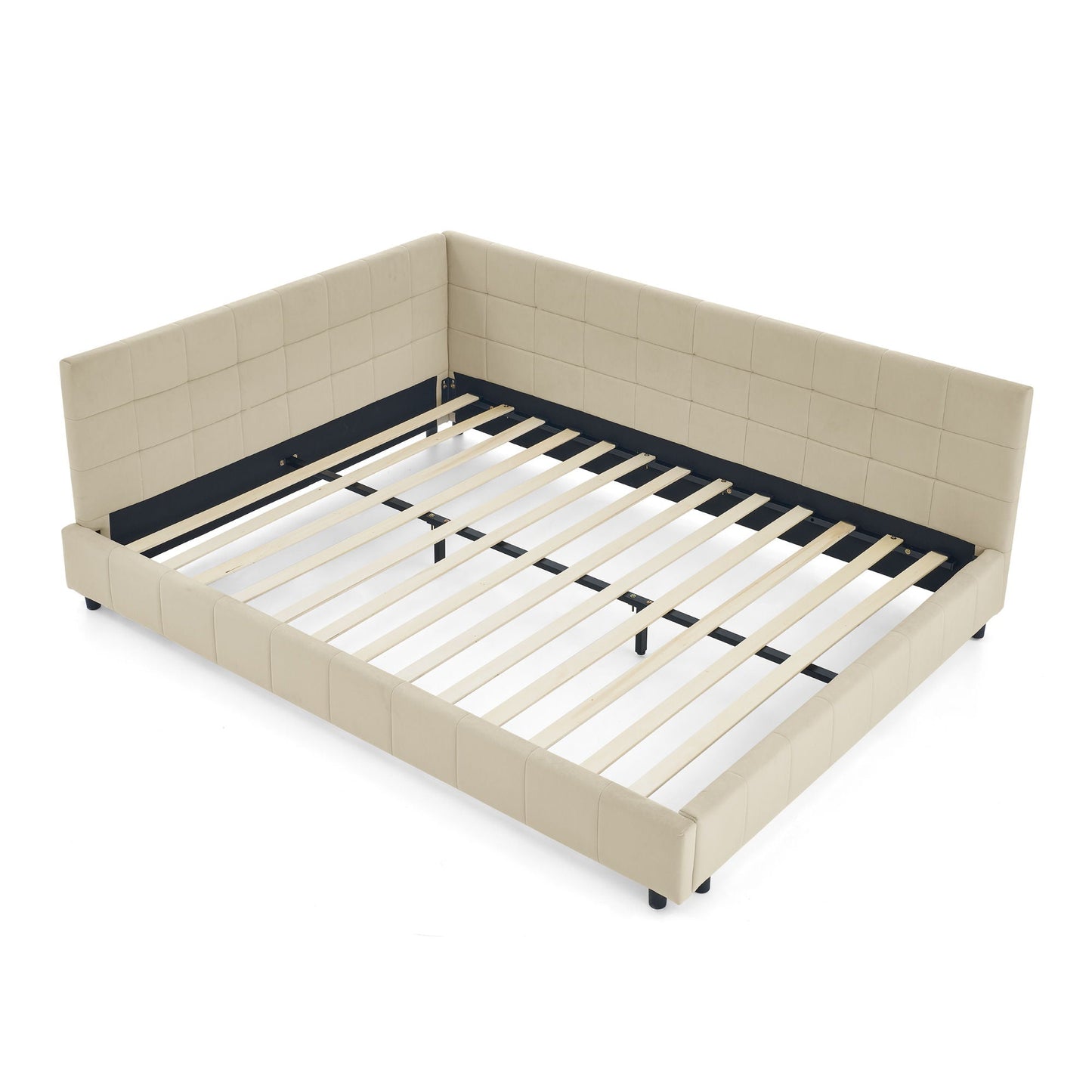 Mid-Century Storage Upholstered Tufted Bed Frame with Backrest and Armrests