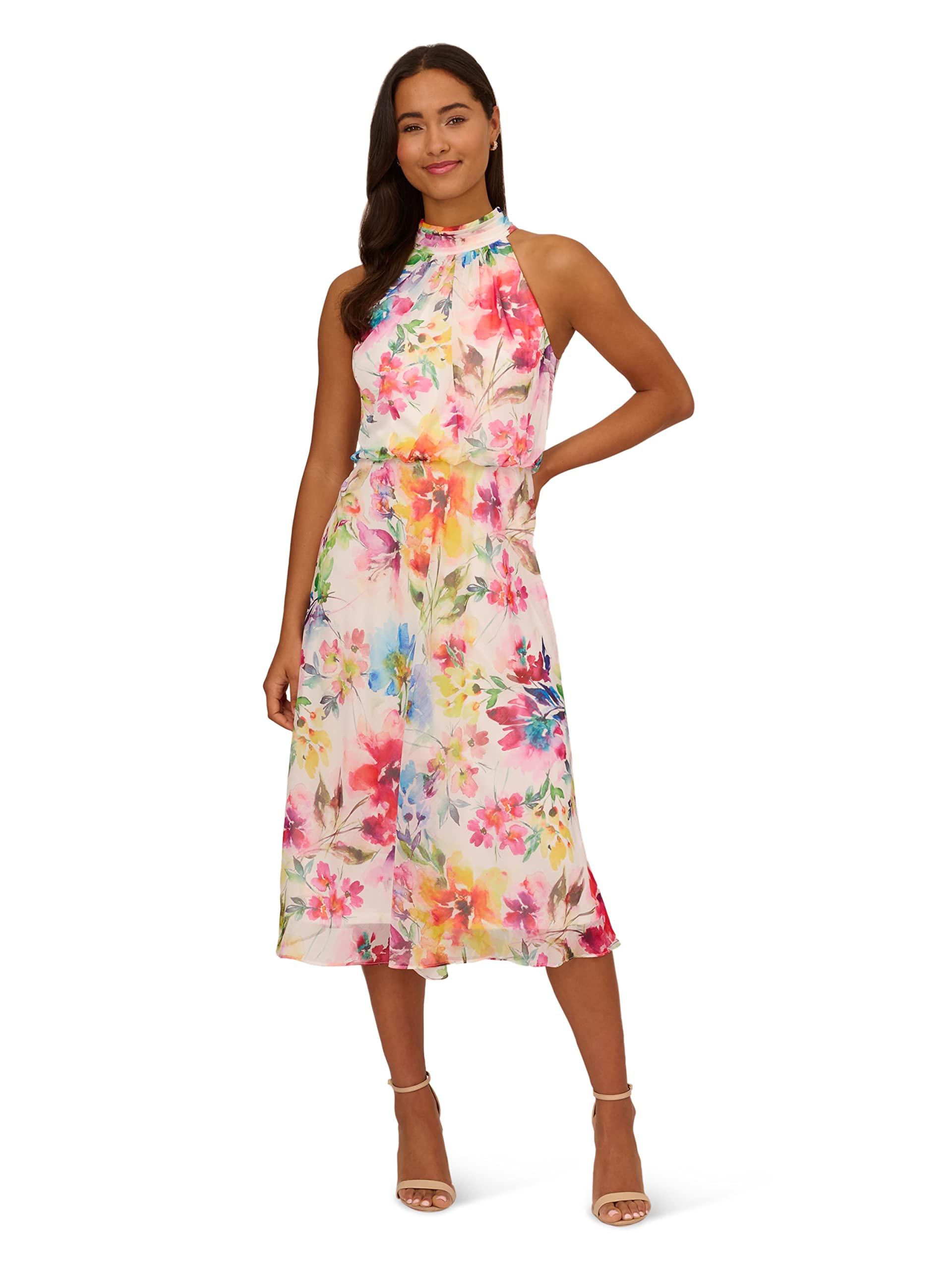 Adrianna Papell Women's Chiffon Halter Dress, Ivory Multi, 10