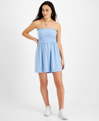 Love, Fire Junior's Terry Cloth Smocked Strapless Dress Blue Size Large