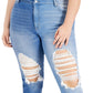 Tinseltown Trendy Women's Two Tone Destructed Mom Jeans Blue Size Petite Small