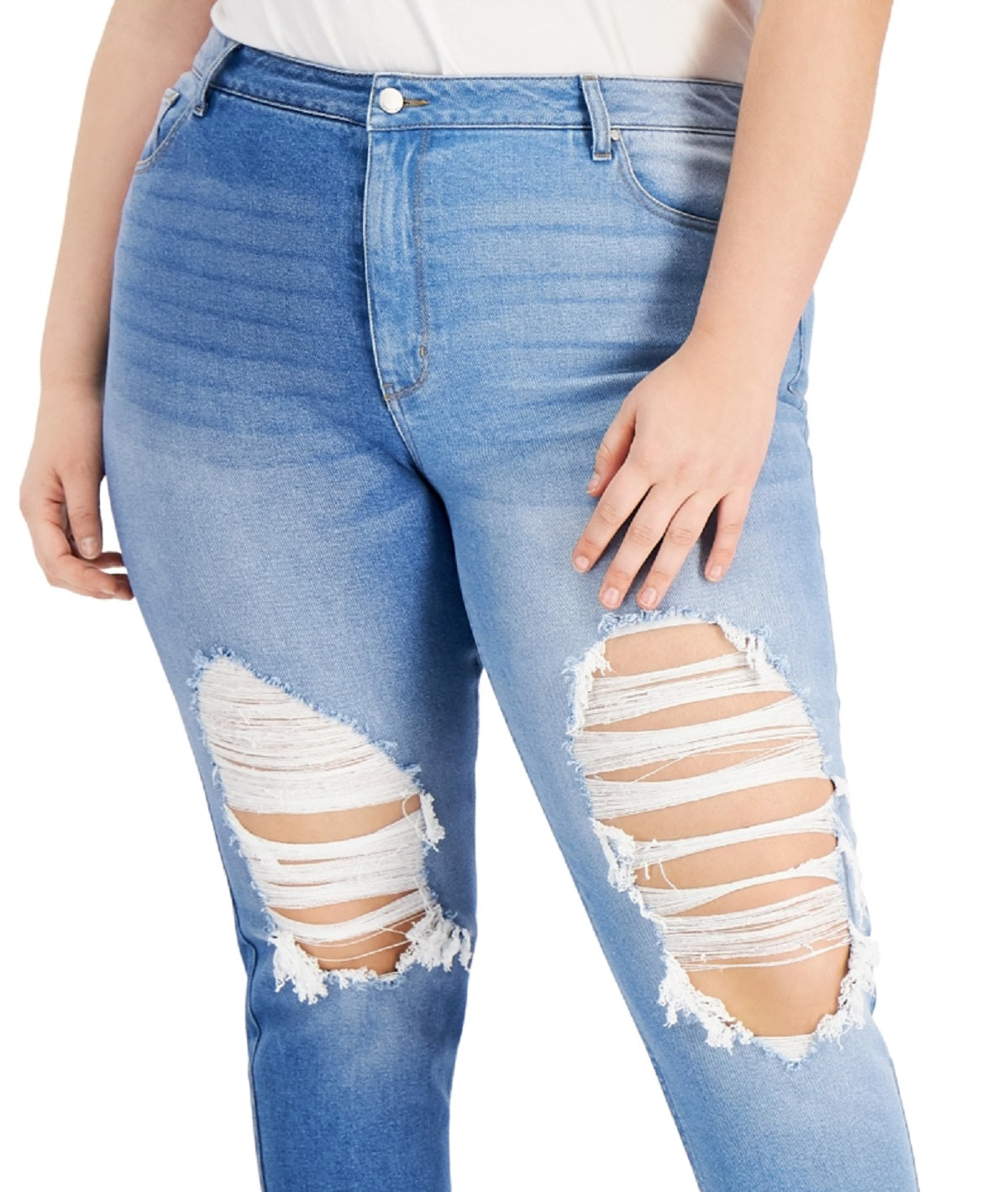 Tinseltown Trendy Women's Two Tone Destructed Mom Jeans Blue Size Petite Small