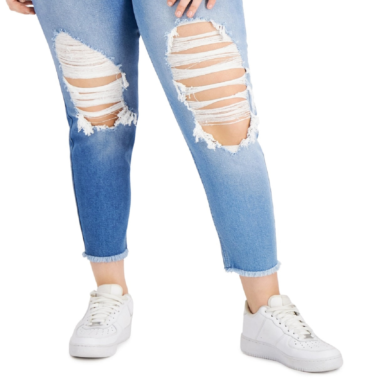 Tinseltown Trendy Women's Two Tone Destructed Mom Jeans Blue Size 18W