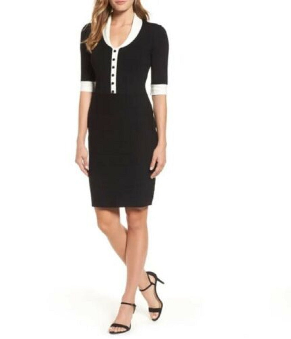 Anne Klein Women's Shawl Collar Knit Sheath Dress Black Size Small