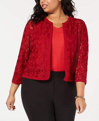 Anne Klein Women's Bonded Lace Cardigan Jacket Red Size 18W