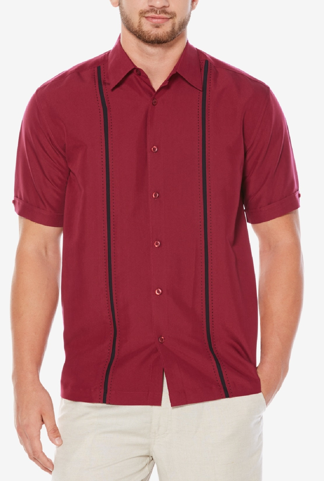 Cubavera Men's Contrast Stitch Short Sleeve Shirt Red Size Medium
