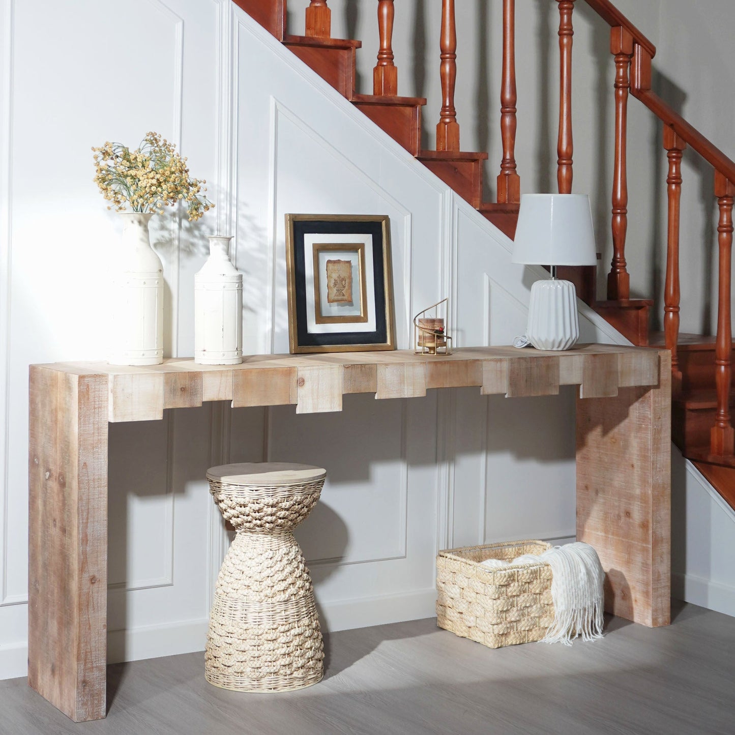 Modern Rustic Console Table - 71" Entryway Table with Sculpted Block Design