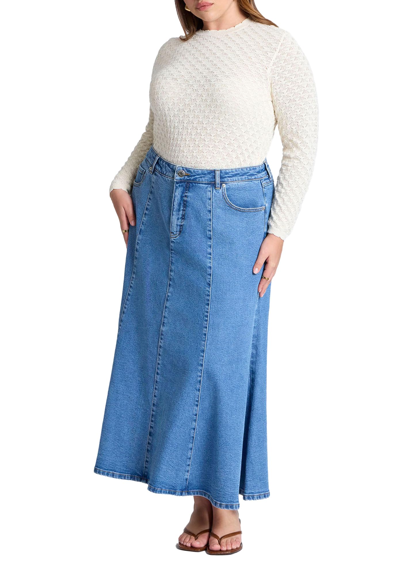 ELOQUII Women's Plus Size Trumpet Denim Maxi Skirt - 16, Medium Wash Denim