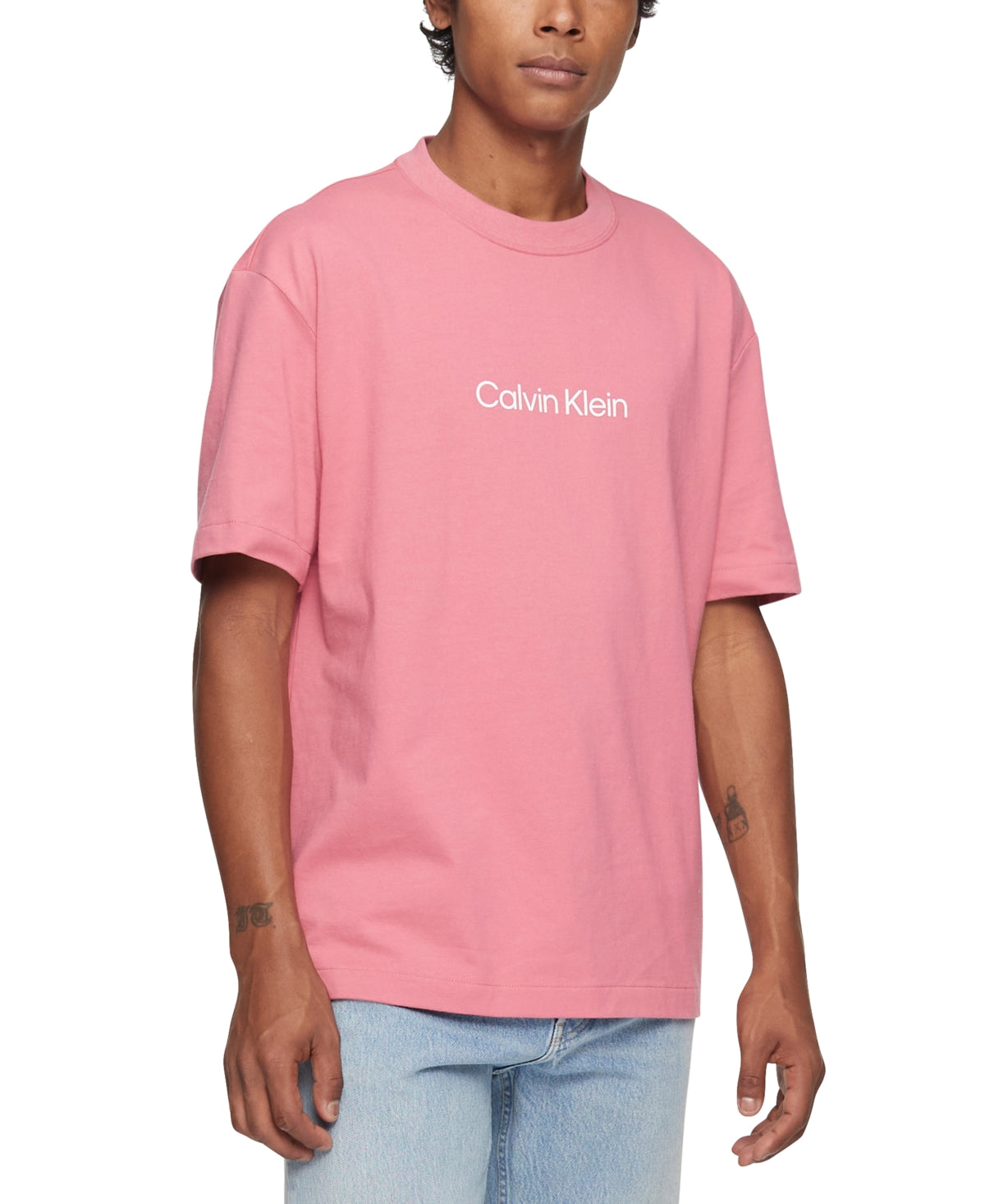 Calvin Klein Men's Relaxed Fit Standard Logo Crewneck T-Shirt Pink Size Medium