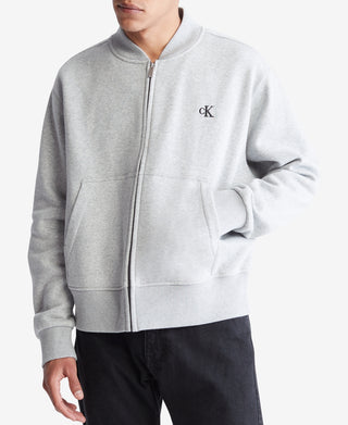 Calvin Klein Men's Relaxed Fit Archive Logo Fleece Bomber Jacket Gray Size Large