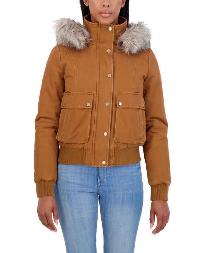 Sebby Junior's Faux Trim Hooded Bomber Jacket Brown Size Small